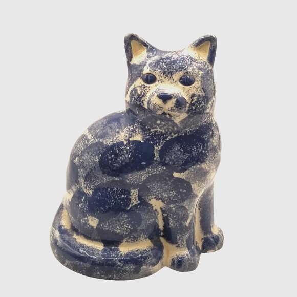 Vintage 80s Patchwork Ceramic Cat Figurine Blue Glossy Collectible 9" Hand Paint - Picture 4 of 12